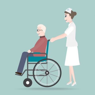 Yaşlı adam illüstrasyon, tıbbi bakım tekerlekli sandalye iterek hemşire
