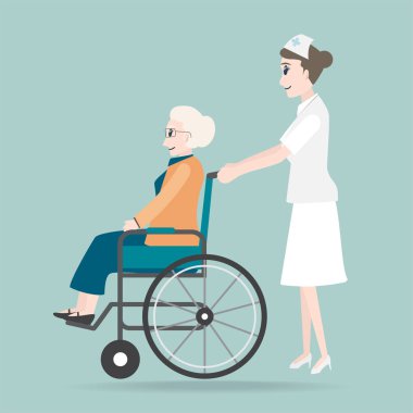 Yaşlı kadın illüstrasyon, tıbbi tekerlekli sandalye iterek hemşire 