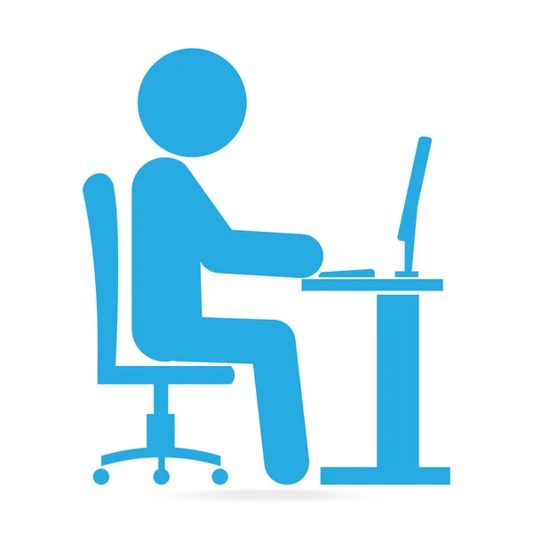 Man vergadering voorzijde van computer op werk blauwe tabelpictogram — Stockvector