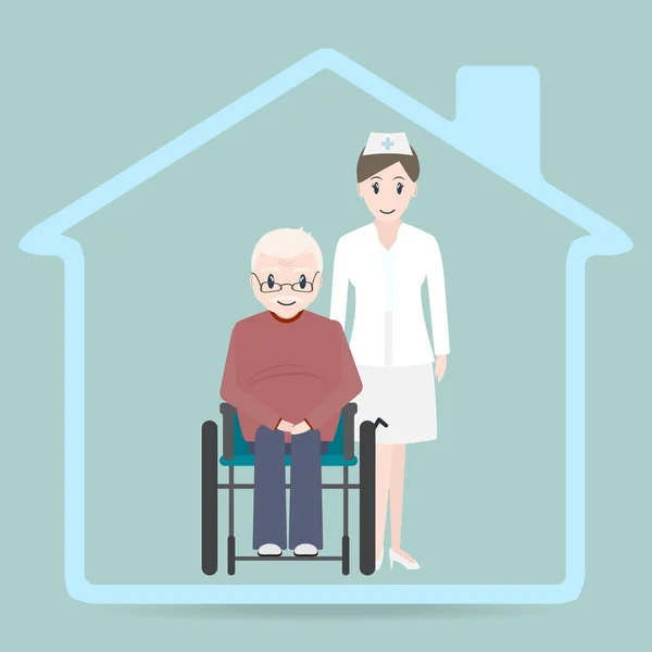 Icône enseigne maison de soins infirmiers, Infirmière et homme âgé assis sur roues — Image vectorielle