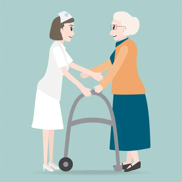 Γυναίκα βοηθά ασθενή-ηλικιωμένο με μια εικόνα διάνυσμα walker — Διανυσματικό Αρχείο