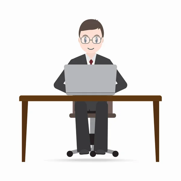 Homem sentado frente do computador no ícone da mesa de trabalho —  Vetores de Stock