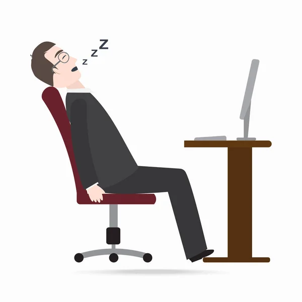 Mann schläft vor Computer auf Arbeitstisch blaues Symbol — Stockvektor