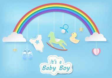 Rainbow ile çocuk bebek mavi gökyüzü kağıt üzerinde kağıt sanatı kesmek 