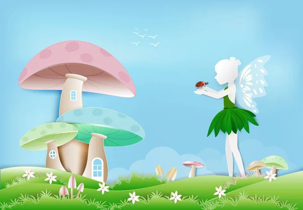 Fée avec coccinelle dans le jardin et la maison de champignons art du papier, papier — Image vectorielle