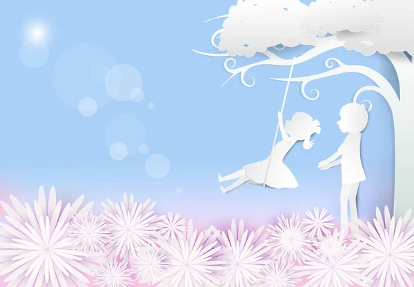Chica sentada en el columpio y debajo del árbol con el niño y la flor pa — Vector de stock