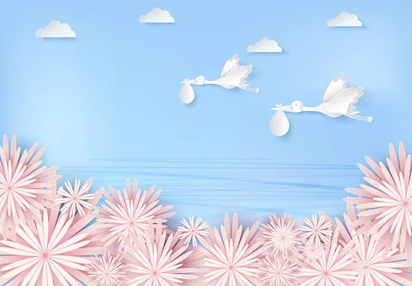 Arte de papel de cigüeña volando con bebé y flor azul cielo papel cu — Vector de stock