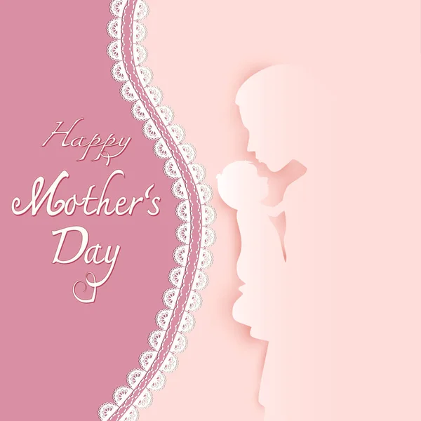 Mãe e bebê com feliz texto do dia da mãe em rosa Arte de papel b —  Vetores de Stock
