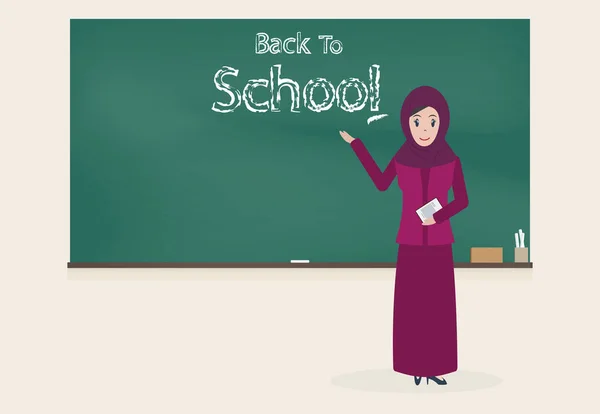 Insegnante musulmana di sesso femminile e Back to school testo lavagna backgro — Vettoriale Stock