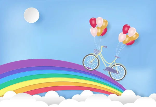 Art du papier d'arc-en-ciel avec vélo et ballons sur papier bleu ciel — Image vectorielle