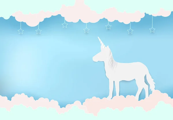 Unicornio en el cielo azul y la nube con el arte del papel de estrella, papel cortado mal — Archivo Imágenes Vectoriales