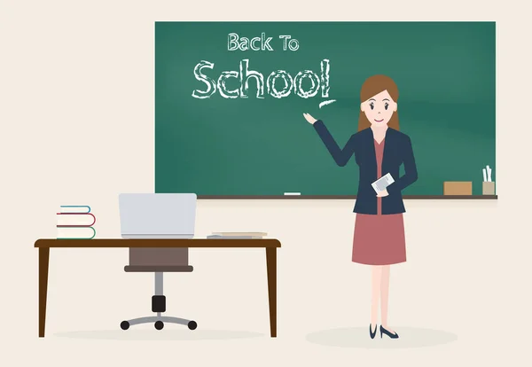 Insegnante femminile e Ritorno a scuola testo su sfondo lavagna — Vettoriale Stock