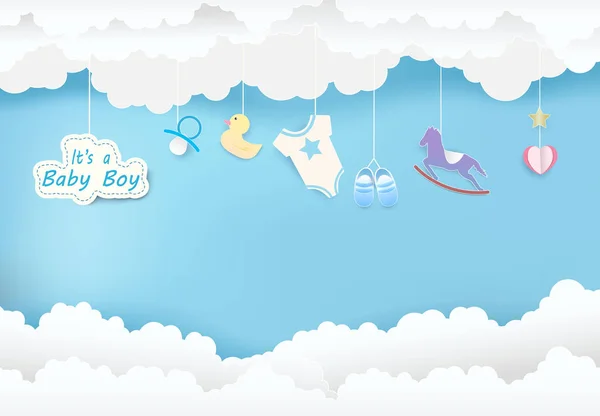 Sztuki papieru chmury z prysznicem zabawka na błękitne niebo papieru wyciąć stylu, — Wektor stockowy