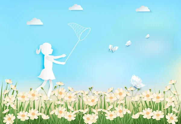 Menina felicidade com a captura de borboletas no campo de flores cosmos — Vetor de Stock