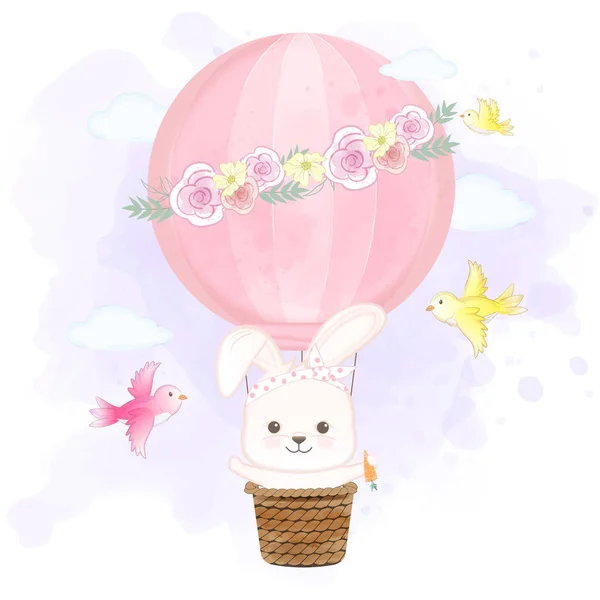 Mignon lapin flottant sur ballon à air chaud et les oiseaux dessin animé à la main — Image vectorielle