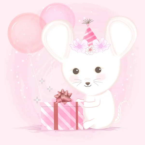 Lindo ratón y caja de regalo con globos dibujado a mano de dibujos animados — Vector de stock