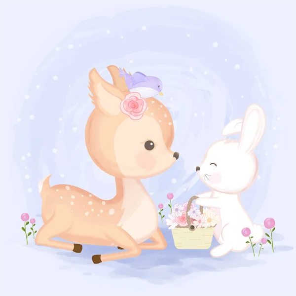 Veado com coelho segurando cesta floral mão desenhada ilustração animal — Vetor de Stock