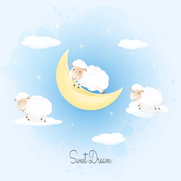 Dulce texto de sueño con ovejas saltando en la nube ilustración dibujada a mano — Vector de stock