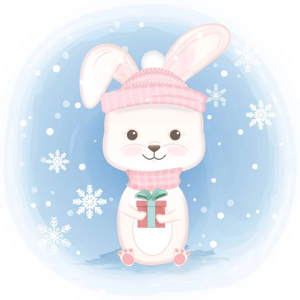Mignon lapin tenant boîte cadeau et dessin animé flocon de neige illustration dessinée à la main — Image vectorielle