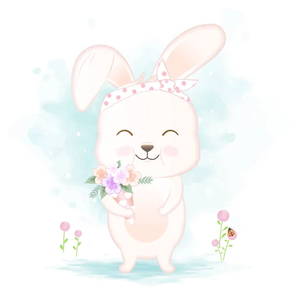 Schattig konijn met boeket hand getekend cartoon illustratie — Stockvector