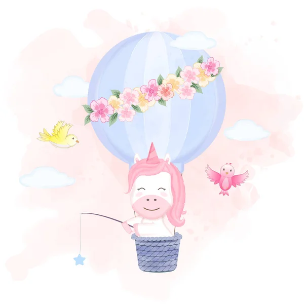 Mignonne licorne flottant sur la montgolfière et les oiseaux — Image vectorielle