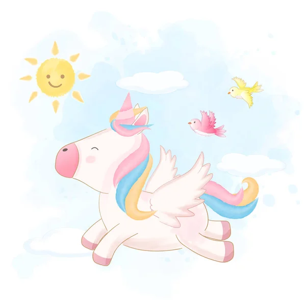 Cute unicorn flying on sky hand drawn animal illustration — 스톡 벡터