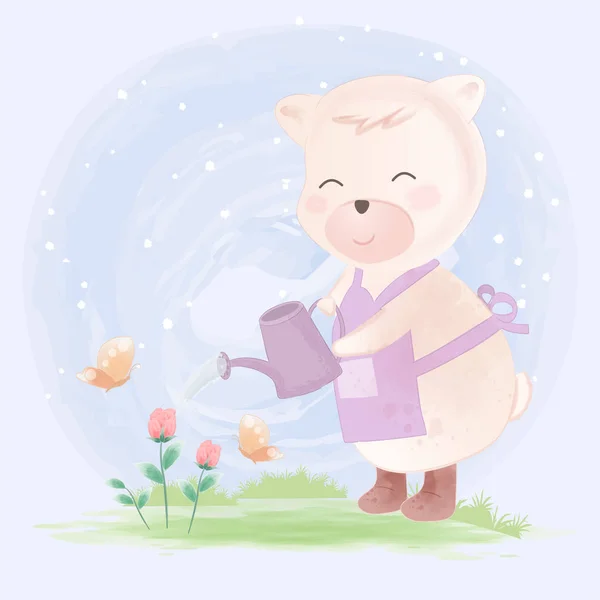 Bear Watering the plants hand drawn cartoon watercolor — 스톡 벡터