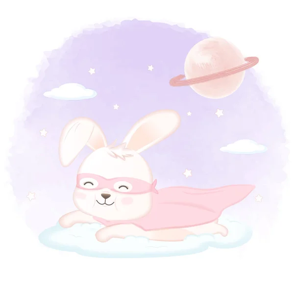 Superhero rabbit on cloud and Saturn hand drawn animal watercolor — 스톡 벡터