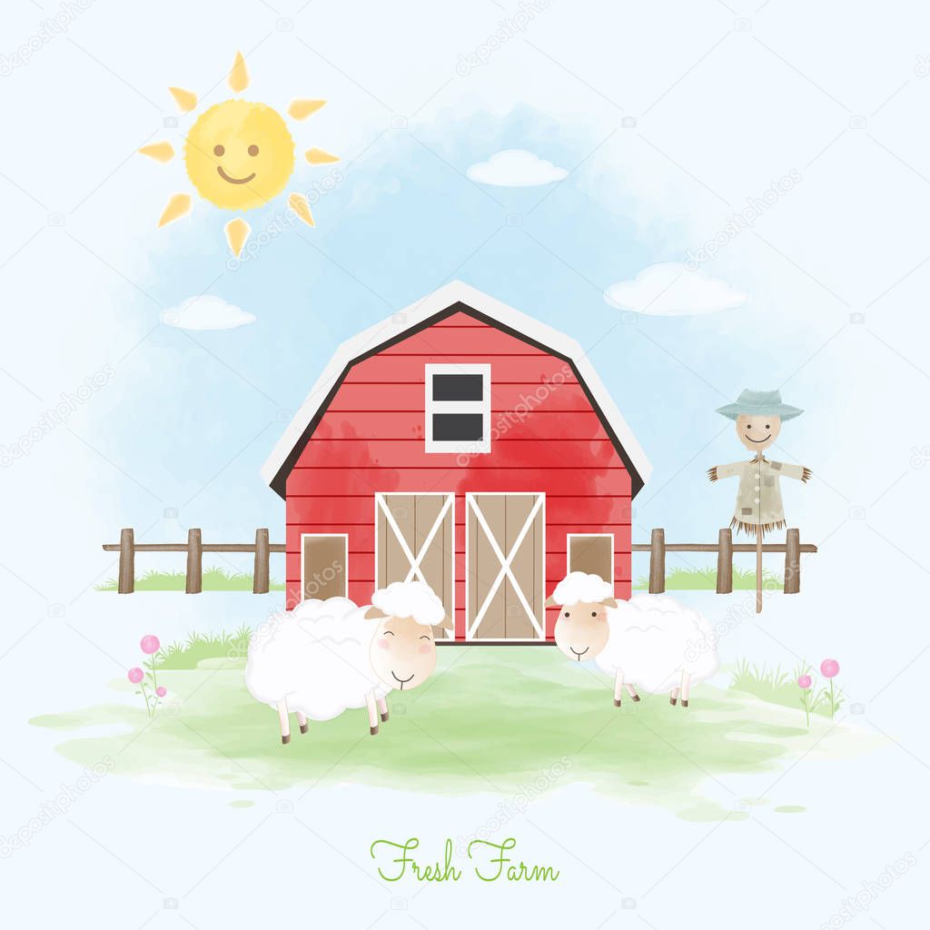 Fresh farm sheep, scarecrow and barn hand drawn watercolor