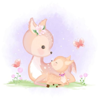 Cute baby deer and mother hand drawn animal illustration clipart