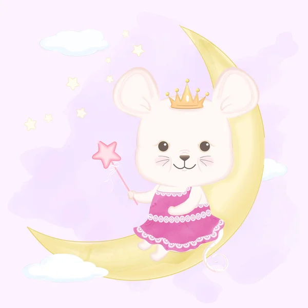 Cute mouse holding magic wand on the crescent moon — 스톡 벡터
