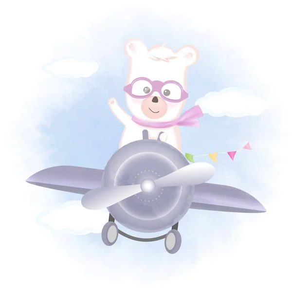 Carino orso che vola su aereo disegnato a mano animale cartone animato — Vettoriale Stock