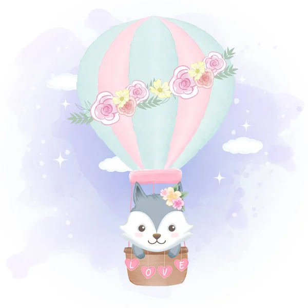 Cute fox floating on hot air balloon hand drawn cartoon — 스톡 벡터
