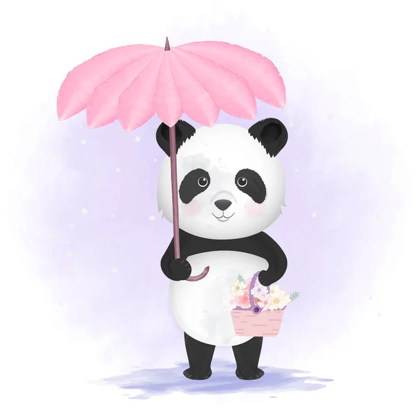 Bonito panda segurando guarda-chuva e cesta de flores — Vetor de Stock