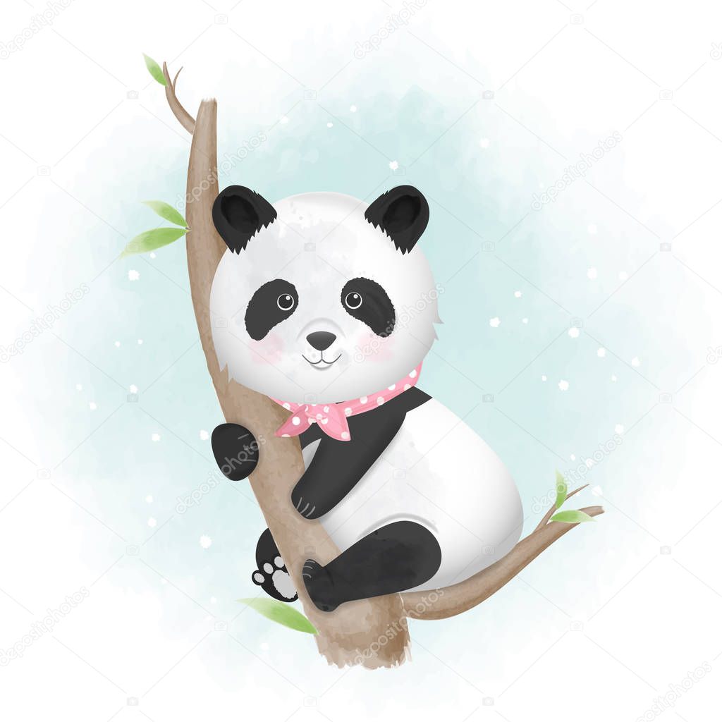 Cute panda hand drawn animal illustration watercolor background