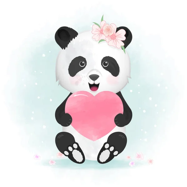 Mignon panda et coeur dessiné à la main illustration animale aquarelle — Image vectorielle