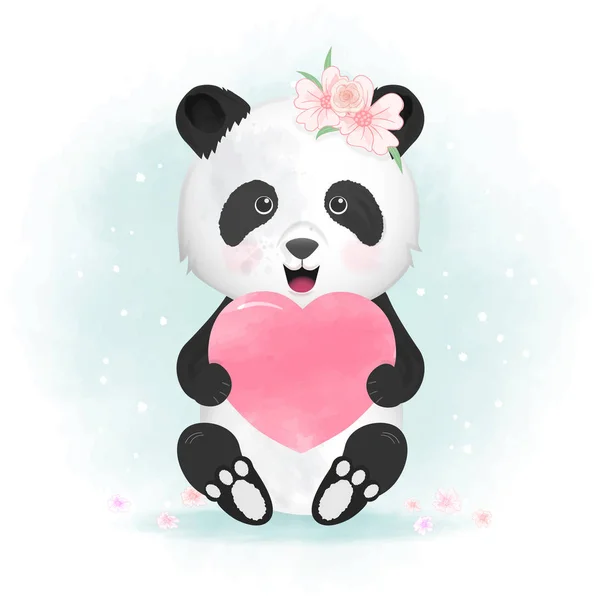 Cute panda and heart hand drawn animal illustration watercolor — Stock Vector