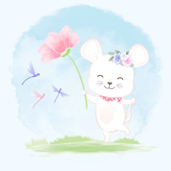 Lindo bebé ratón celebración flor con libélula mano dibujado dibujos animados — Vector de stock