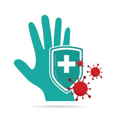 Hand and shield using antibacterial, virus icon, hygiene, medical illustration clipart