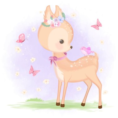 Cute baby deer with bird and butterfly hand drawn animal illustration watercolor clipart