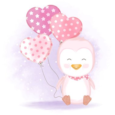 Balonla çizilmiş şirin penguen suluboya arkaplan çizimi