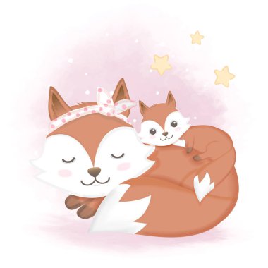 Sevimli bebek tilki ve anne uyuyor, elle çizilmiş suluboya çizimler.