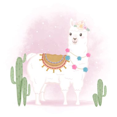 Şirin Lama ve kaktüs, elle çizilmiş suluboya çizimi.