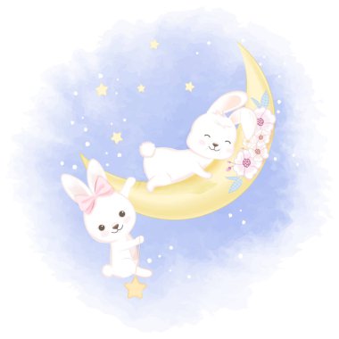 Sevimli tavşan ve ay eli çizilmiş suluboya çizimi