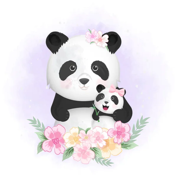 Cute Baby Panda Mom Hand Drawn Cartoon Animal Illustration Watercolor — Stock Vector