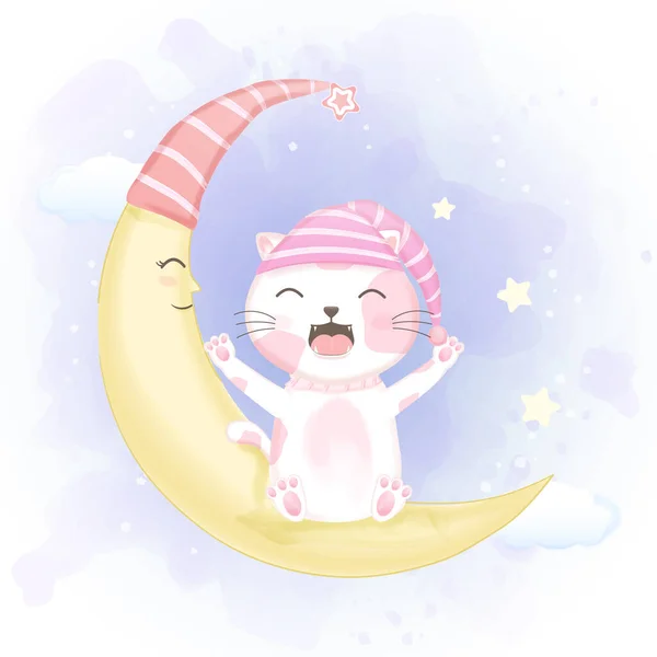 Schattige Kat Open Mond Geeuwen Stretching Halve Maan Getrokken Cartoon — Stockvector