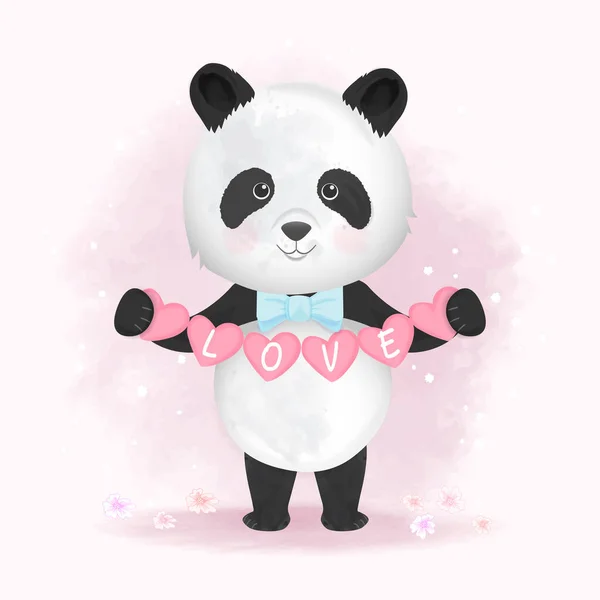 Leuke Panda Houden Hart Hand Getekend Cartoon Illustratie Roze Aquarel — Stockvector