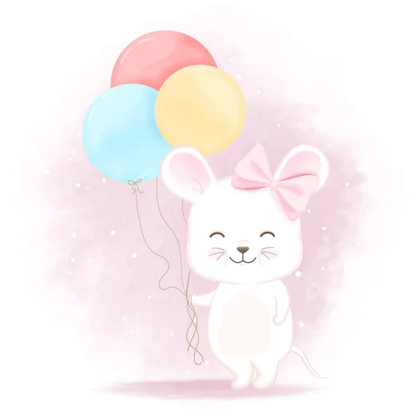 Lindo Ratón Bebé Con Globo Dibujado Mano Ilustración Dibujos Animados — Vector de stock