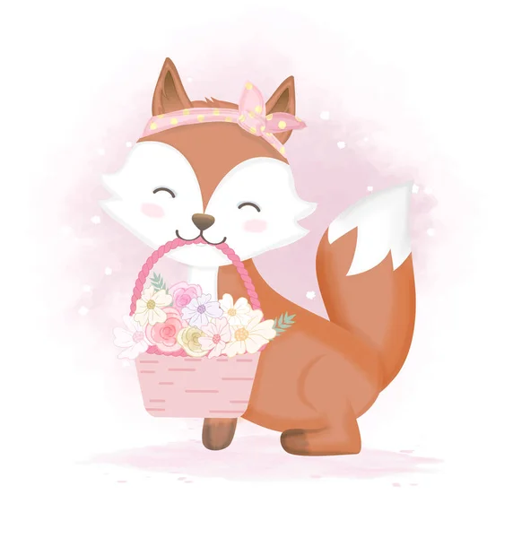 Cute Rubah Dan Bunga Dalam Keranjang Gambar Tangan Kartun Cat - Stok Vektor