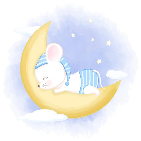 Lindo Bebé Ratón Durmiendo Luna Dibujado Mano Dibujos Animados Animal — Vector de stock